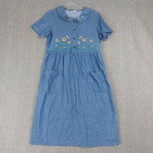 BOBBIE BROOKS WOMENS VTG 90S BLUE JEAN DENIM EMBROIDERED SUNFLOWER DRESS SZ L
